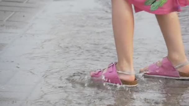 A Girl Dressed in a Pink Sandals Stepping Through the Puddles. - Séquence, vidéo