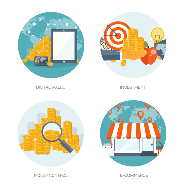 Vector illustration. Flat header. Shopping. Web store. Global communication, trading. E-business. Commerce, money making. Internet banking. - Vector, Image