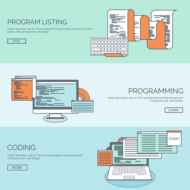 Vector illustration. Flat background. Coding, programming. SEO. Search engine optimization. App development and creation. Software, program code. Web design. - Vektör, Görsel