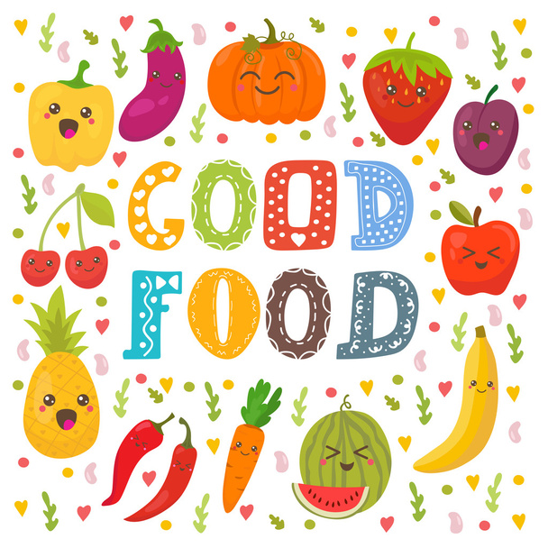 Good food. Cute happy fruits and vegetables in vector. Healthy f - Vektor, kép