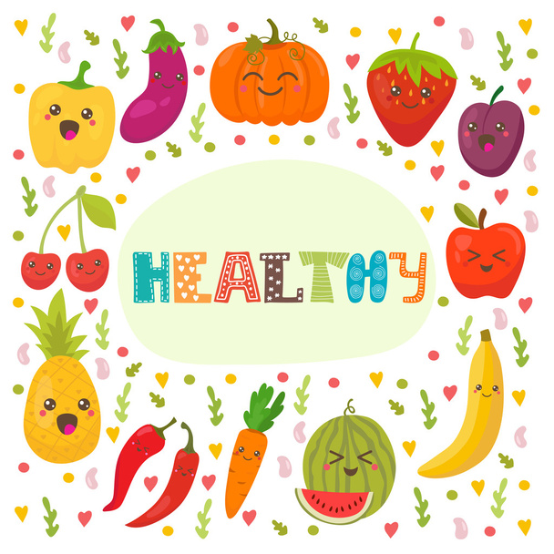 Healthy. Cute happy fruits and vegetables in vector. Healthy foo - Vektor, obrázek