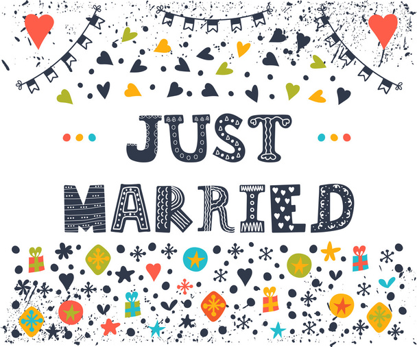 Just married. Cute greeting card with decorative elements. Postc - Vektor, obrázek