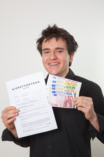 mladý muž s pracovní smlouvy und bankovky - Fotografie, Obrázek