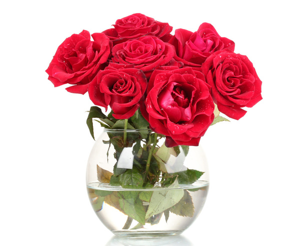 Beautiful red roses in a vase isolated on white - Fotoğraf, Görsel