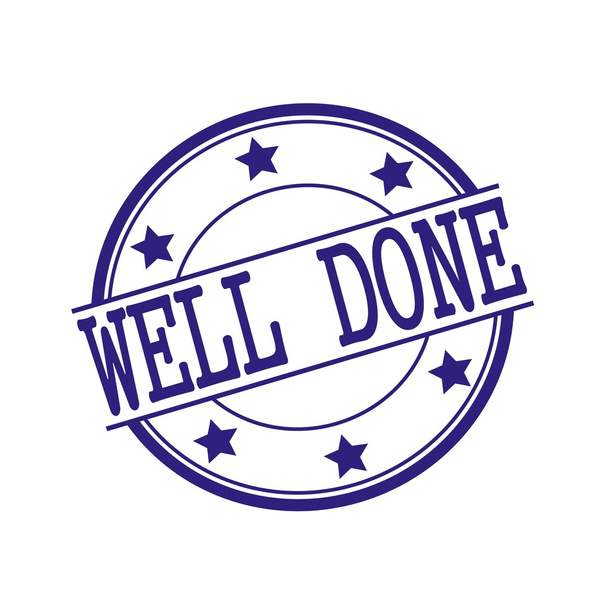 Well done Blue-Black stamp text on Blue-Black circle on a white background and star - Foto, afbeelding