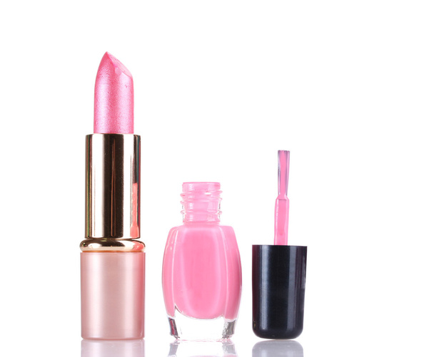 Pink lipstick and nail polish isolated on white - Foto, Imagem