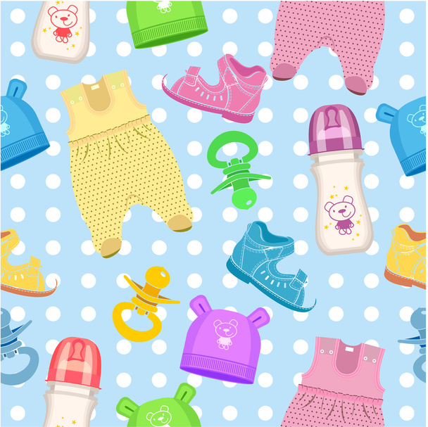 Baby patroon. Kinderkleding, schoenen, fopspenen, flessen, caps, - Vector, afbeelding