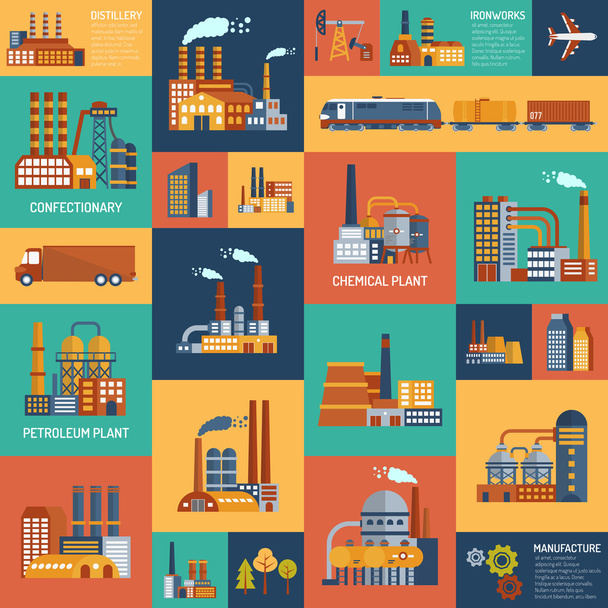 Icons Set With Different Types Of  Industrial Enterprises - Vector, Image