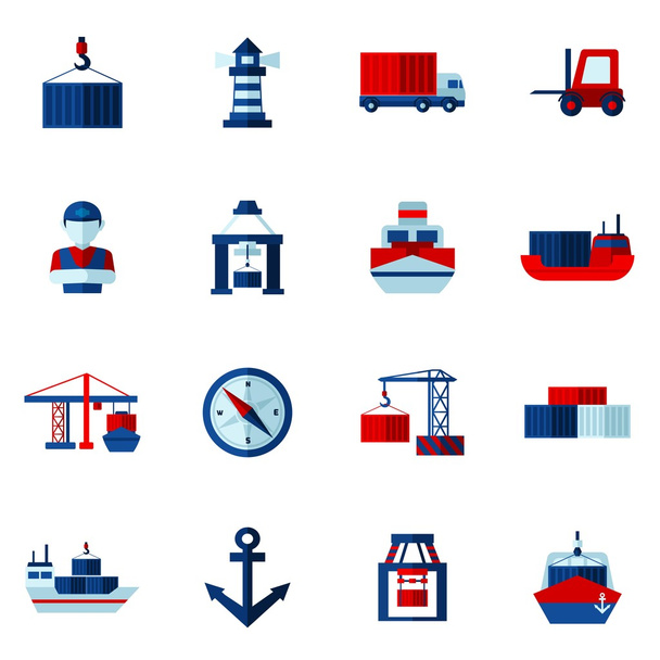 Zeehaven platte Icons Set - Vector, afbeelding