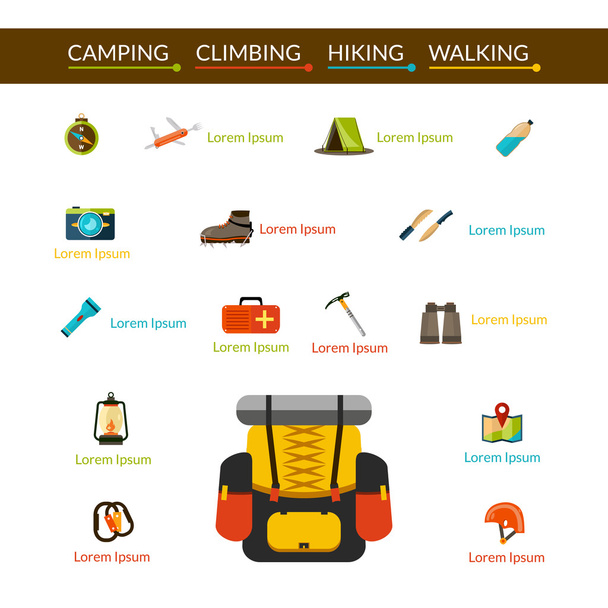 キャンプやハイキングのアイコンが - ベクター画像