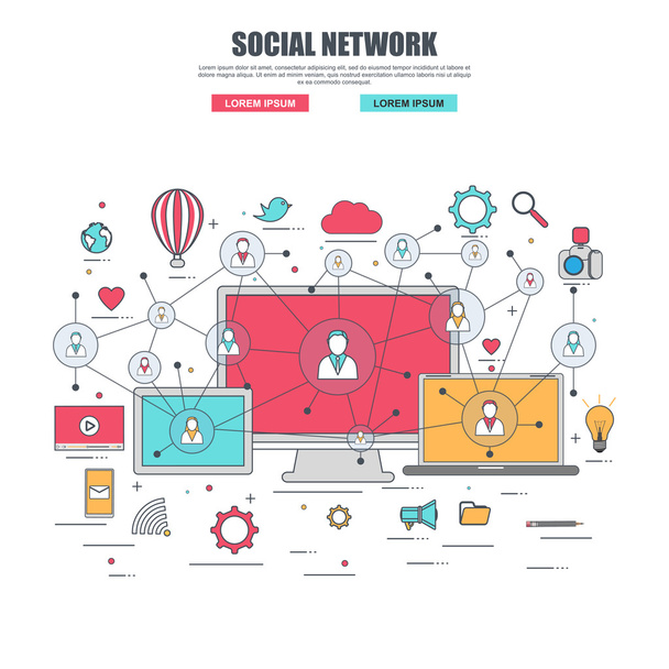Conceito de design plano de linha fina para rede social, serviços de mídia na internet
 - Vetor, Imagem