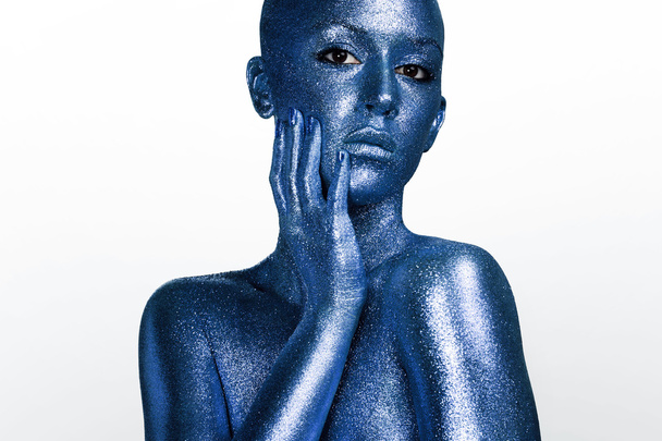 woman covered by blue glitter - Photo, Image