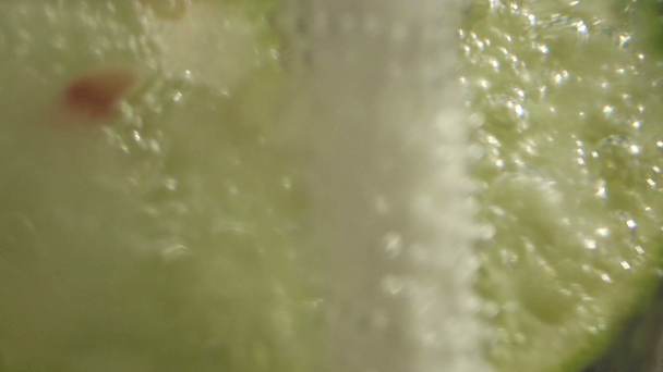Makro Ecu Cu kawałek wapna w szklance tonik jest szturchnął i poruszony słomy - Materiał filmowy, wideo