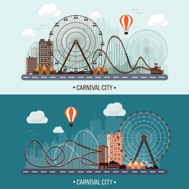 Vector illustration. Ferris wheel. Carnival. Funfair background. Circus park.  Skyscrapers with roller coast. - Vektor, obrázek