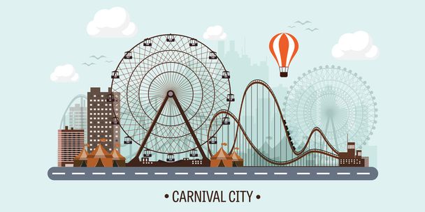 Vector illustration. Ferris wheel. Carnival. Funfair background. Circus park.  Skyscrapers with roller coast. - Vector, Image
