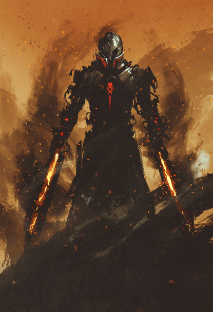 воїн, що позує з вогнем мечами вогню на фоні вогню
 - Фото, зображення