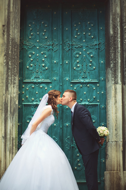 loving couple kissing in Lviv - Фото, зображення