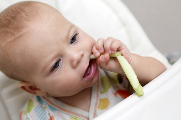 Pensive boy biting celery - Foto, immagini
