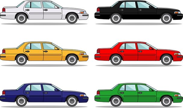 Набір з шести кольорових автомобілів ізольовані на білому тлі в плоскому стилі
 - Вектор, зображення