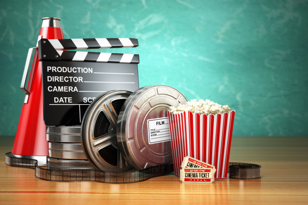 Video, movie, cinema vintage production concept. Film reels, cla - Zdjęcie, obraz