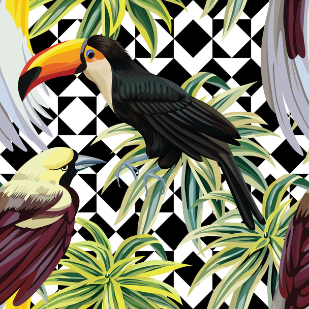 tropical birds and plants pattern, geometric background - Vector, afbeelding