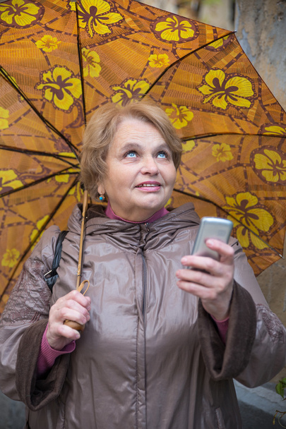 Oude gepensioneerde vrouw met paraplu en telefoon - Foto, afbeelding