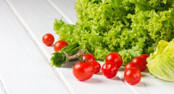 lettuce, tomatoes and onion on white background - Photo, image