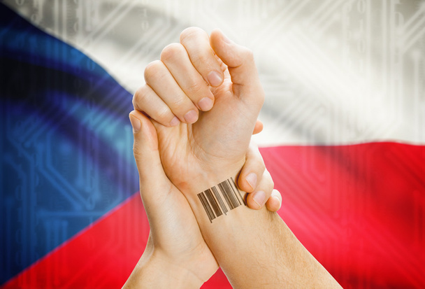 Barcode ID number on wrist and national flag on background - Czech - Fotoğraf, Görsel