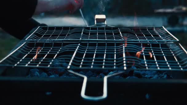 grilled pork meat on barbeque grid - Footage, Video