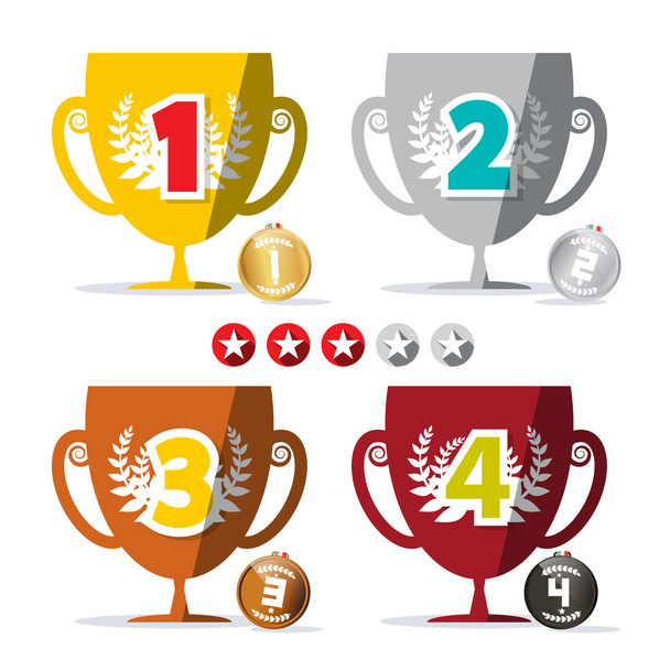 flaches Design, gewonnene Pokale und Medaillen mit Stern-Etiketten - Vektor, Bild