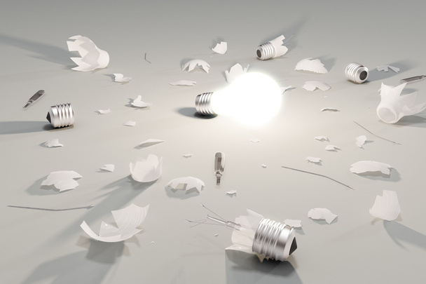 Idea or decision concept with glowing lightbulb and broken light - Photo, Image