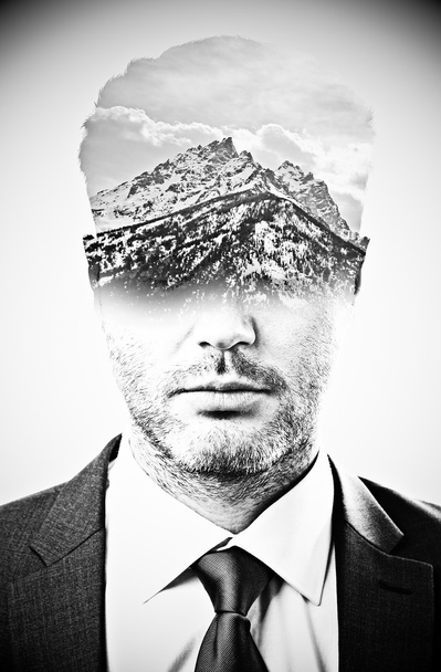 Double exposure with man thinking about mountains - Photo, Image