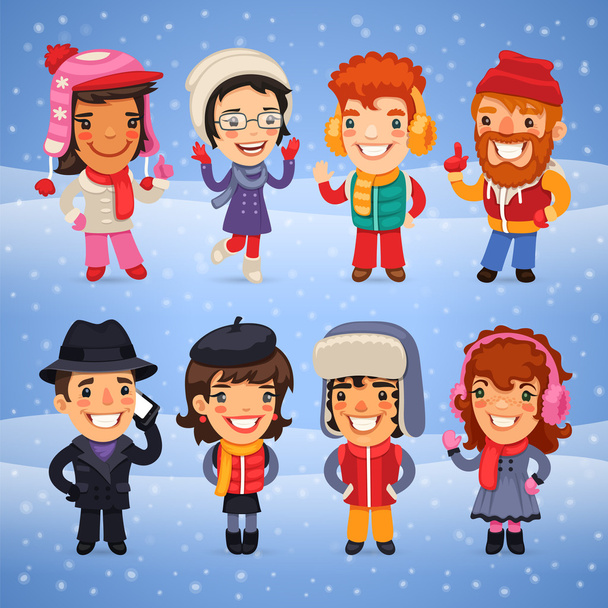 Cartoon Characters in Winter Clothes - Vector, Image