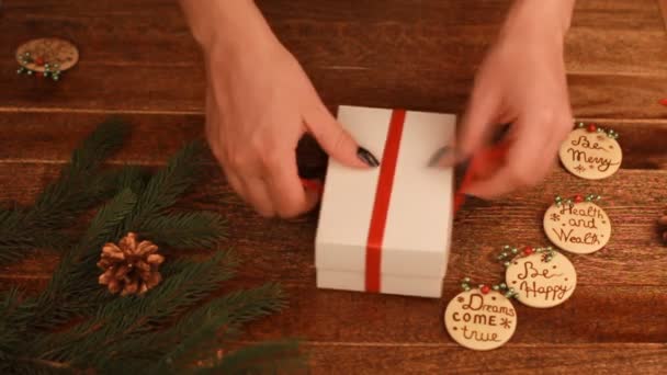 Zbliżenie: kobieta wiązanie łuk na prezent na Boże Narodzenie - Materiał filmowy, wideo