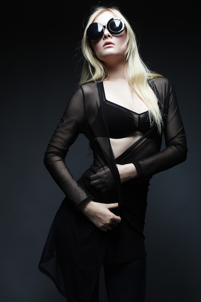 blond woman posing in black lingerie - Фото, зображення