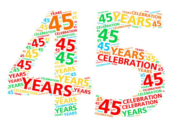 Nuvem de palavras coloridas para celebrar um aniversário de 45 anos ou aniversário
 - Foto, Imagem