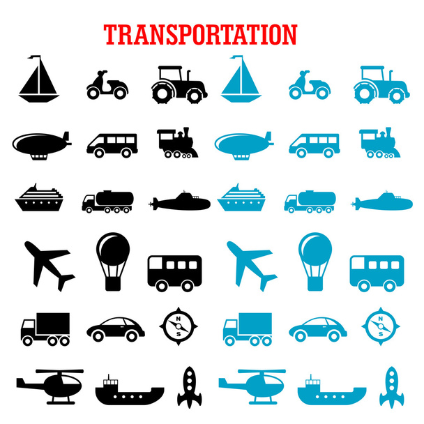 Black and blue flat transportation icons - Vektor, kép