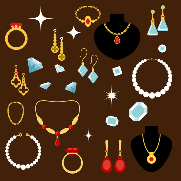 Jewelleries and gemstones flat icons - Vector, Image
