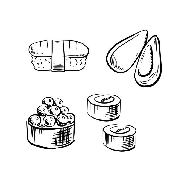 Muschel, Sushi-Rollen und Nigiri-Sushi - Vektor, Bild