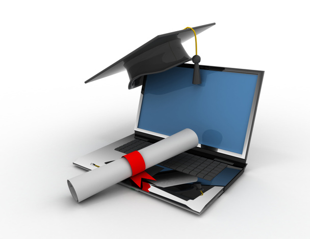 gorra de graduación con diploma. Concepto de aprendizaje electrónico
 - Foto, Imagen
