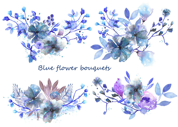 青い花と葉で水彩の花束のセット - 写真・画像
