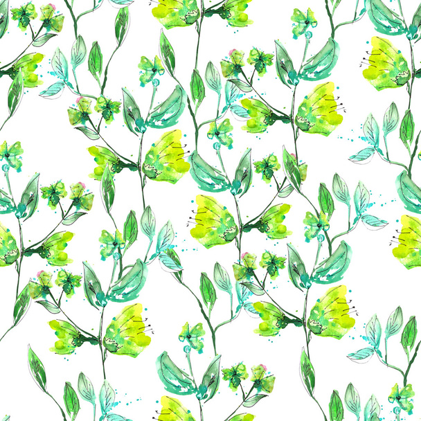 Άνευ ραφής λουλουδάτο μοτίβο με ακουαρέλα χέρι-ισοπαλία κίτρινα λουλούδια στα κλαδιά με πράσινα φύλλα - Φωτογραφία, εικόνα