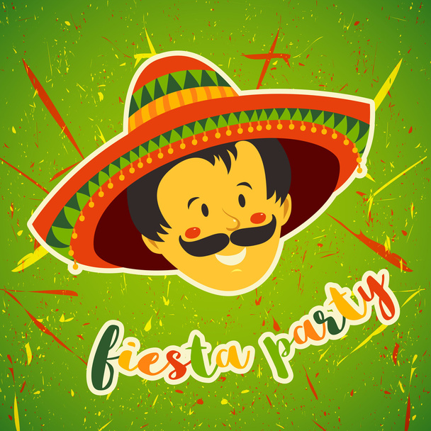 Fiesta Mexicana Fiesta Invitación con hombre mexicano con bigote y en sombrero. Cartel de ilustración vectorial dibujado a mano. Folleto o plantilla de tarjeta de felicitación
 - Vector, Imagen