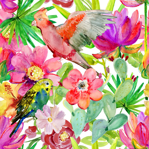 Τροπικό παπαγάλους, κάκτος, λουλούδια και φρούτα - Φωτογραφία, εικόνα