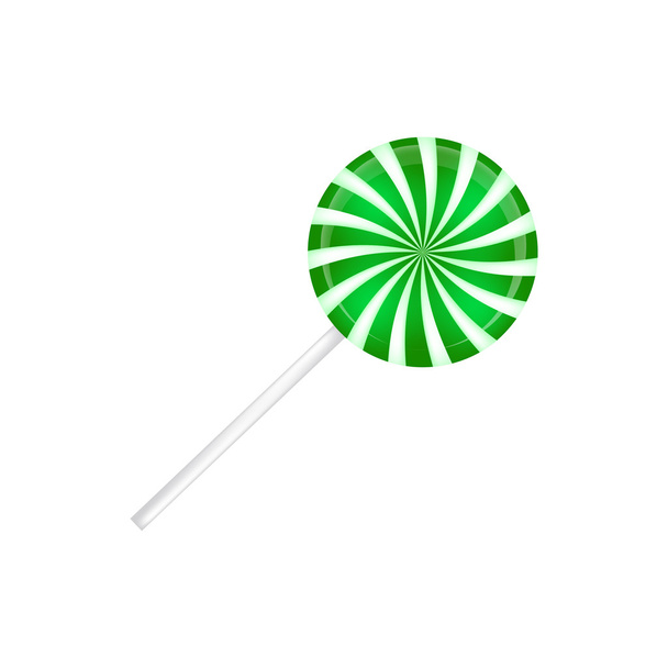 Lollipop striped in Christmas colours. Spiral sweet candy with green and white stripes. Vector illustration isolated on a white background. - Vector, Image