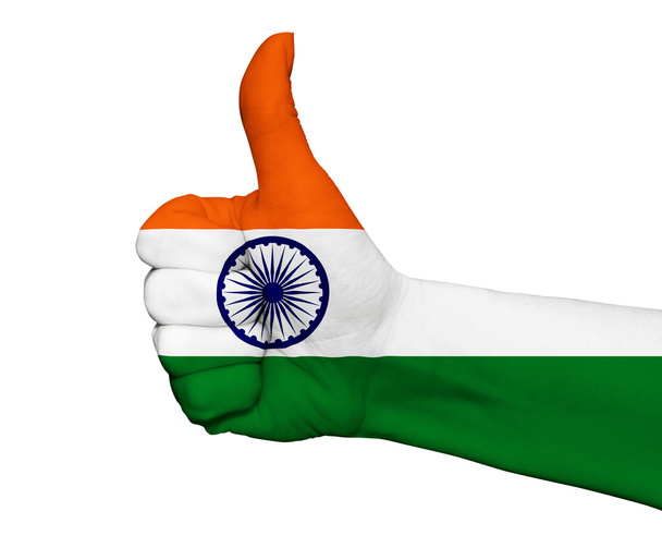 Mano con el pulgar hacia arriba pintado en colores de la bandera de la India aislado
 - Foto, Imagen