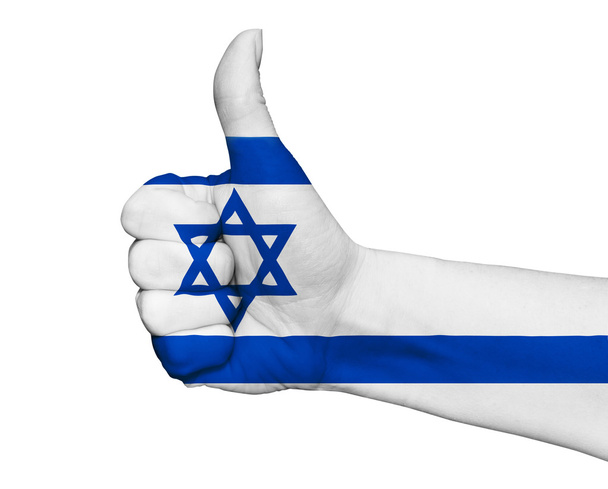 Рука с большим пальцем вверх окрашены в цвета флага Израиля изолированы
 - Фото, изображение