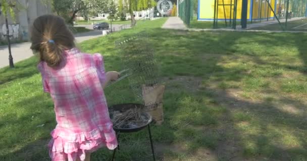 baby girl is preparing grilled meats in a pink dress on green grass - Séquence, vidéo