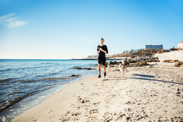 Running man. Male runner jogging with siberian husky dogs during the sunrise on beach - Valokuva, kuva