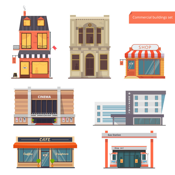 Vector collection Public,Town Buildings.Bank, Hotel/Hostel, Shop, Cinema, Hospital, Restaurant/Cafe, Gas Station.Flat style - Vector, Image